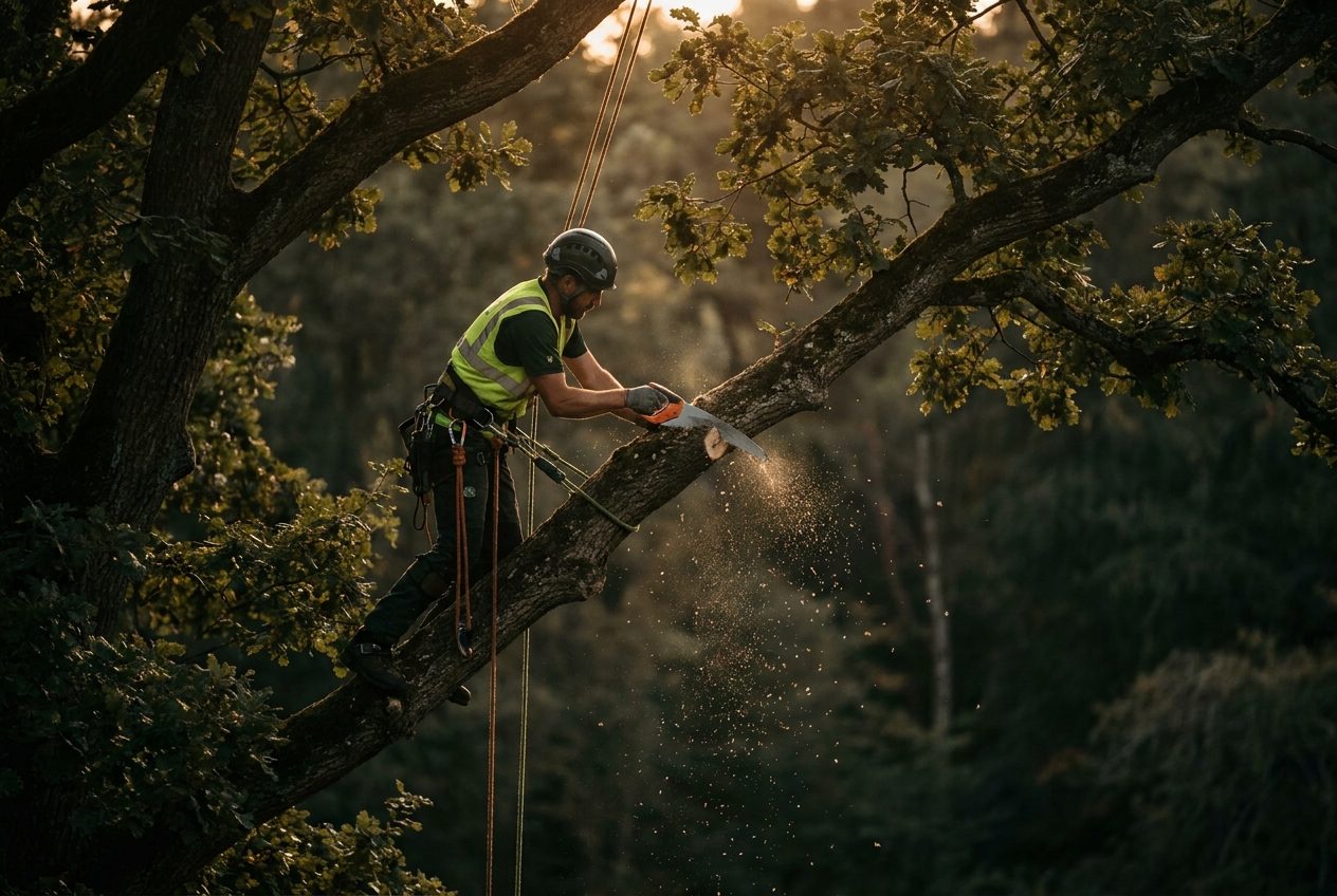 Arborist working high in a tree canopy
